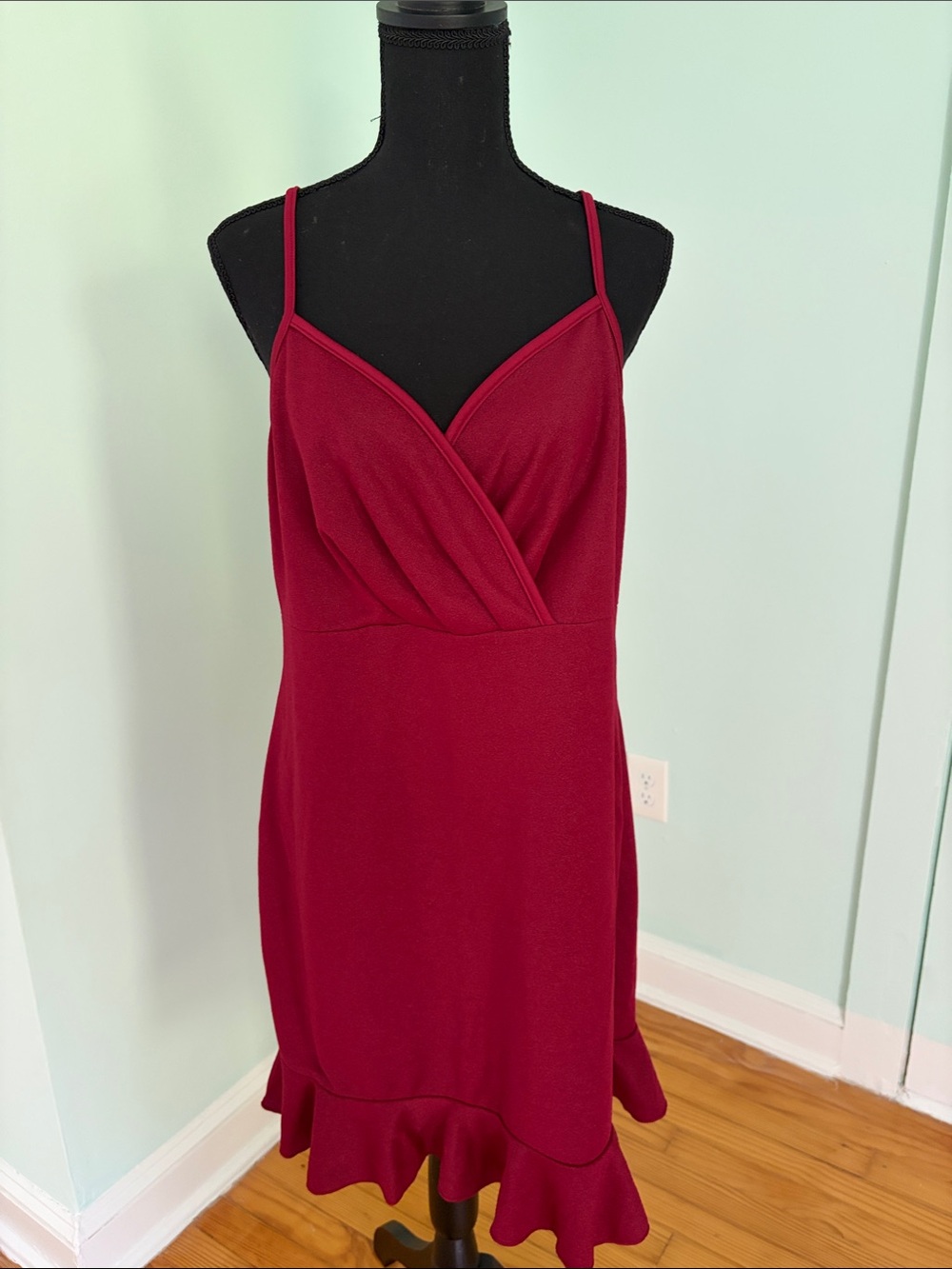 SHEIN Wine-Red Spaghetti Strap Ruffle Hem Dress
